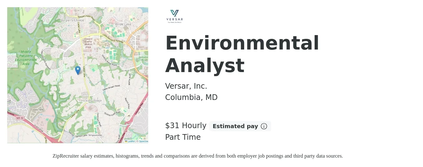 Versar, Inc. job posting for a Environmental Analyst in Columbia, MD with a salary of $33 Hourly with a map of Columbia location.