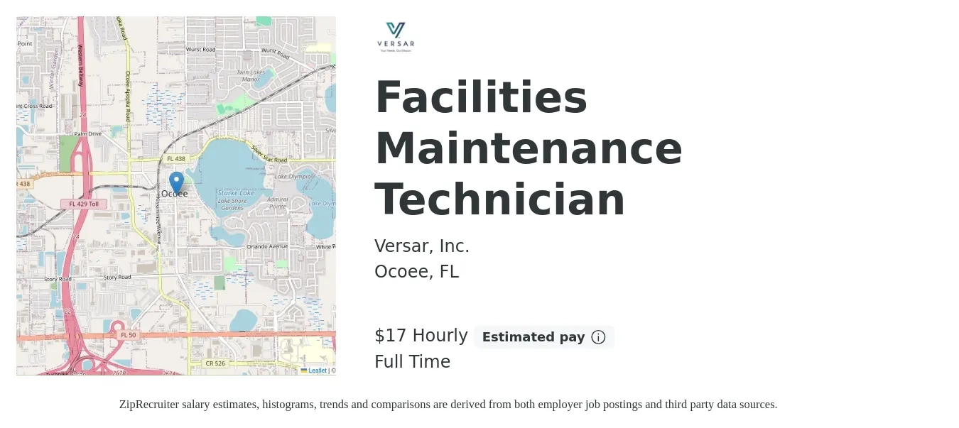 Versar, Inc. job posting for a Facilities Maintenance Technician in Ocoee, FL with a salary of $18 Hourly with a map of Ocoee location.