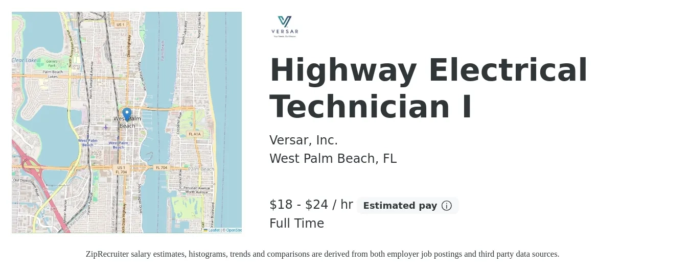 Versar, Inc. job posting for a Highway Electrical Technician I in West Palm Beach, FL with a salary of $19 to $25 Hourly with a map of West Palm Beach location.
