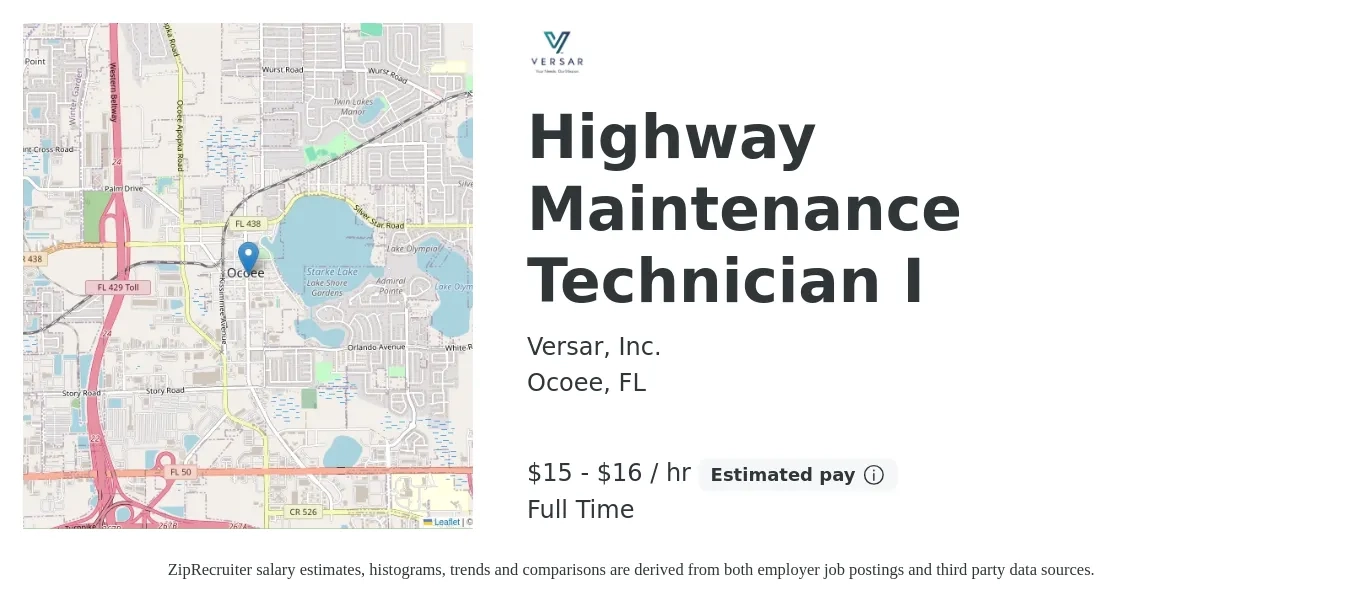 Versar, Inc. job posting for a Highway Maintenance Technician I in Ocoee, FL with a salary of $16 to $17 Hourly with a map of Ocoee location.