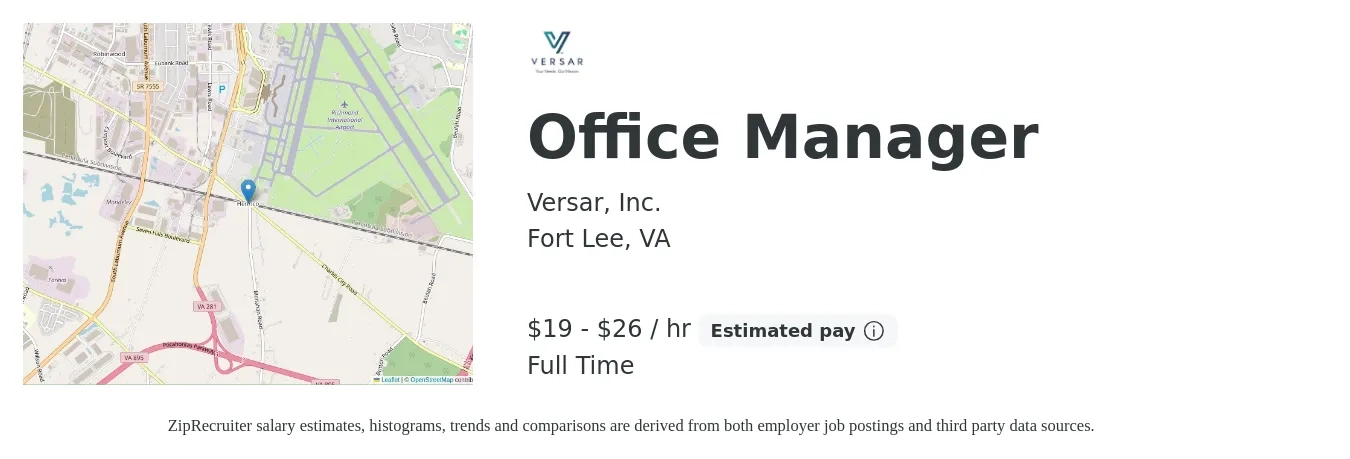Versar, Inc. job posting for a Office Manager in Fort Lee, VA with a salary of $20 to $28 Hourly with a map of Fort Lee location.