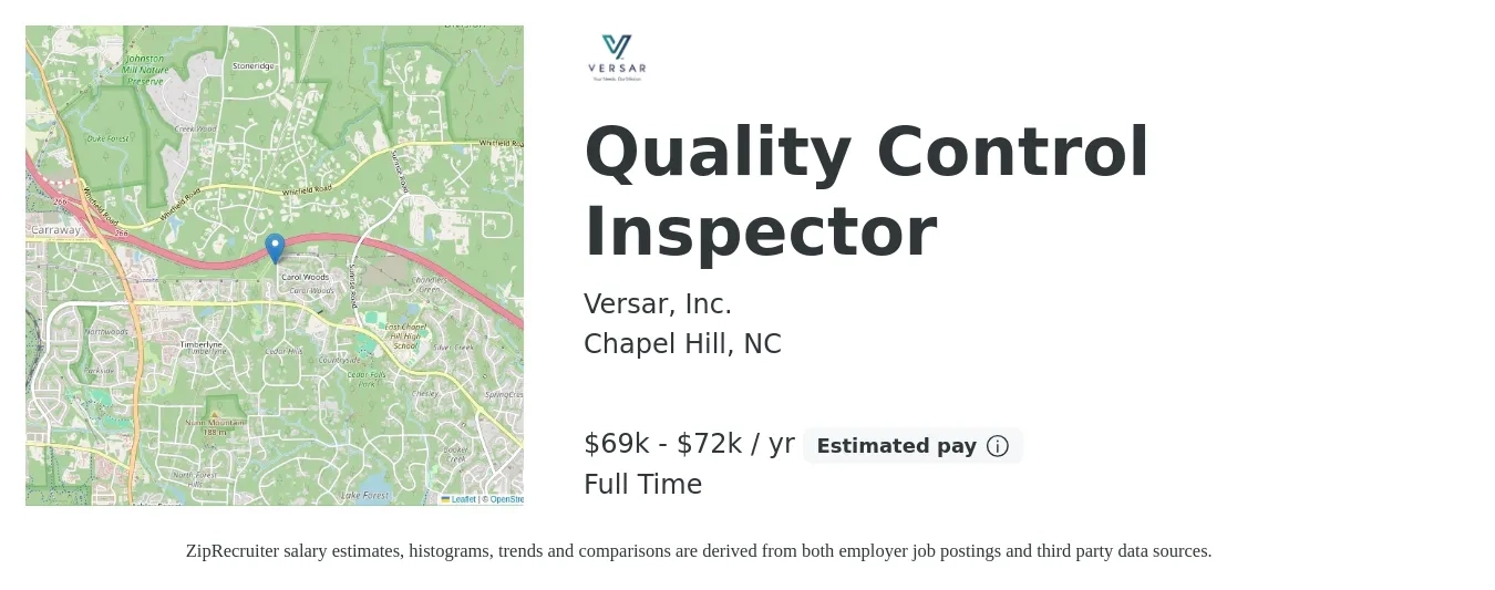 Versar, Inc. job posting for a Quality Control Inspector in Chapel Hill, NC with a salary of $69,000 to $72,000 Yearly with a map of Chapel Hill location.