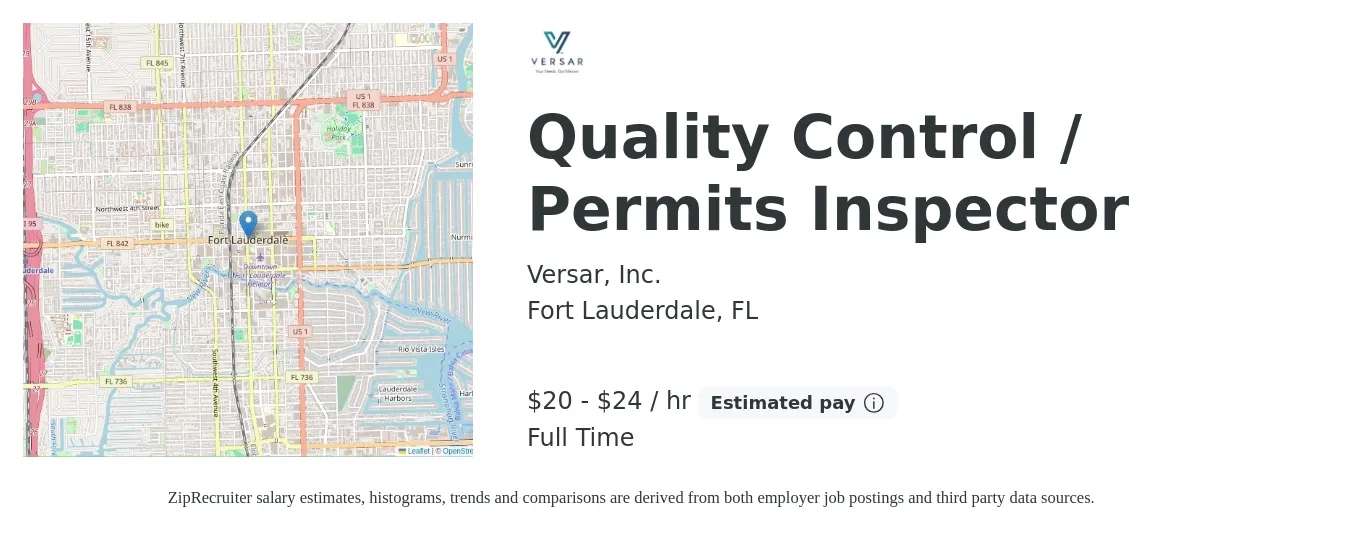 Versar, Inc. job posting for a Quality Control / Permits Inspector in Fort Lauderdale, FL with a salary of $21 to $25 Hourly with a map of Fort Lauderdale location.