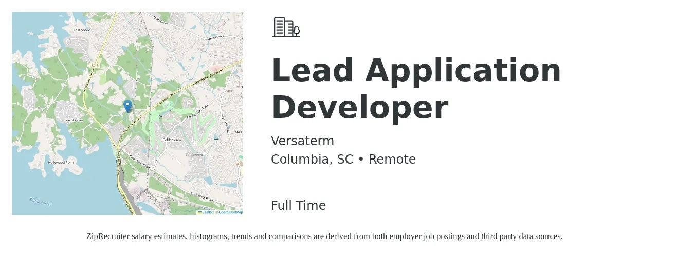 Versaterm job posting for a Lead Application Developer in Columbia, SC with a salary of $48 to $69 Hourly with a map of Columbia location.