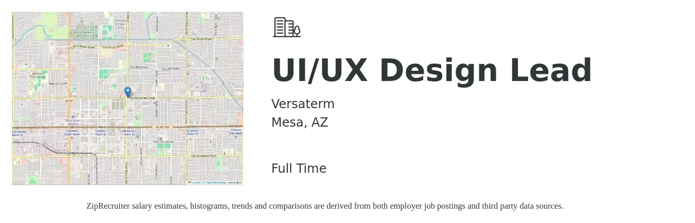 Versaterm job posting for a UI/UX Design Lead in Mesa, AZ with a salary of $43 to $67 Hourly with a map of Mesa location.
