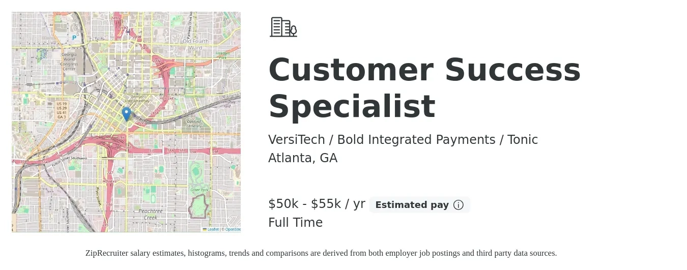 VersiTech / Bold Integrated Payments / Tonic job posting for a Customer Success Specialist in Atlanta, GA with a salary of $50,000 to $55,000 Yearly with a map of Atlanta location.