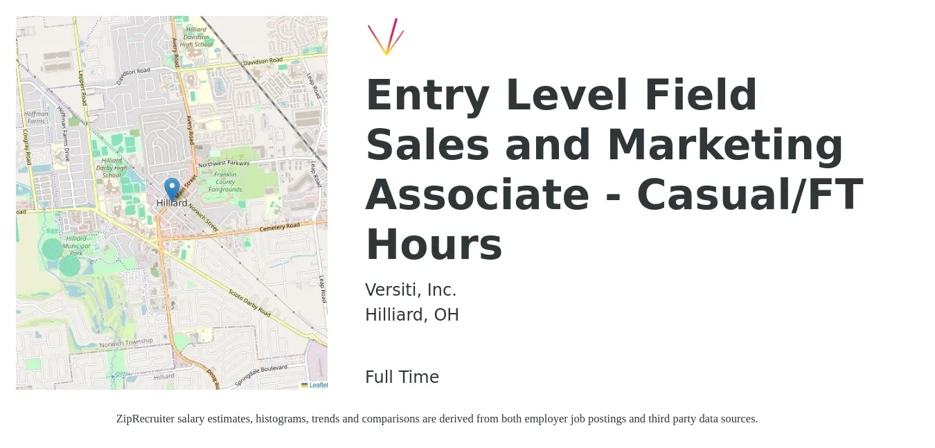 Versiti, Inc. job posting for a Entry Level Field Sales and Marketing Associate - Casual/FT Hours in Hilliard, OH with a salary of $35,000 to $47,300 Yearly with a map of Hilliard location.
