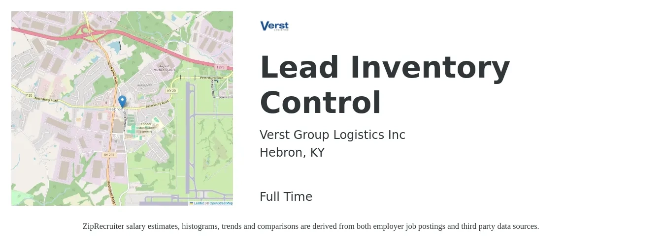 Verst Group Logistics Inc job posting for a Lead Inventory Control in Hebron, KY with a salary of $41,000 to $64,100 Yearly with a map of Hebron location.