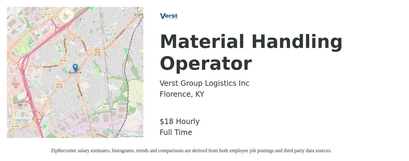 Verst Group Logistics Inc job posting for a Material Handling Operator in Florence, KY with a salary of $18 Hourly with a map of Florence location.