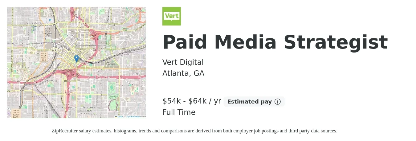 Vert Digital job posting for a Paid Media Strategist in Atlanta, GA with a salary of $54,000 to $64,000 Yearly with a map of Atlanta location.