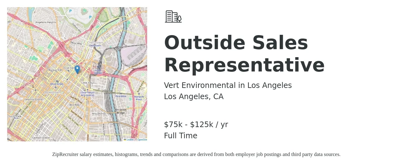 Vert Environmental in Los Angeles job posting for a Outside Sales Representative in Los Angeles, CA with a salary of $75,000 to $125,000 Yearly with a map of Los Angeles location.