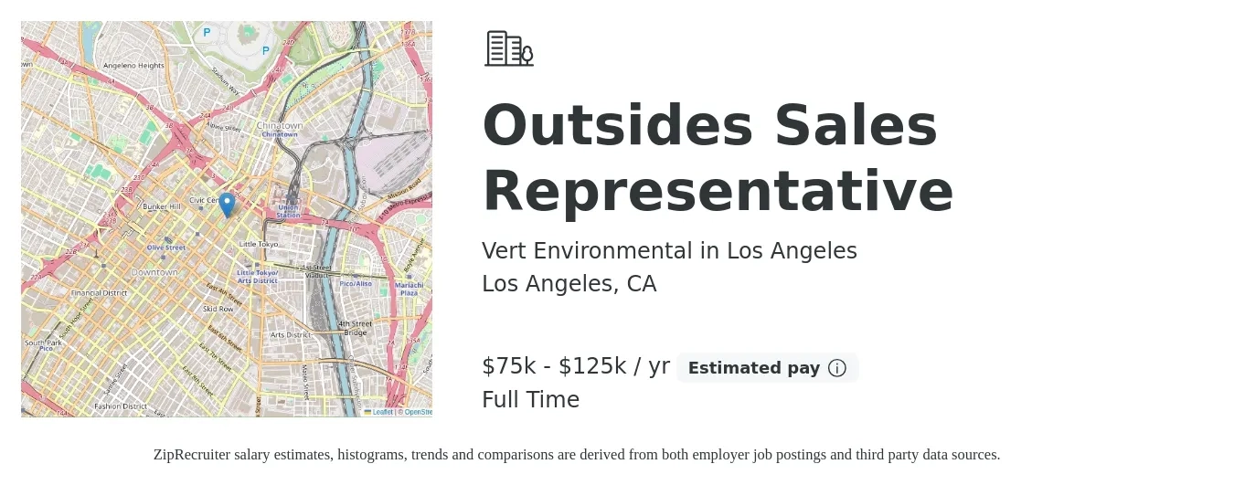 Vert Environmental in Los Angeles job posting for a Outsides Sales Representative in Los Angeles, CA with a salary of $75,000 to $125,000 Yearly with a map of Los Angeles location.