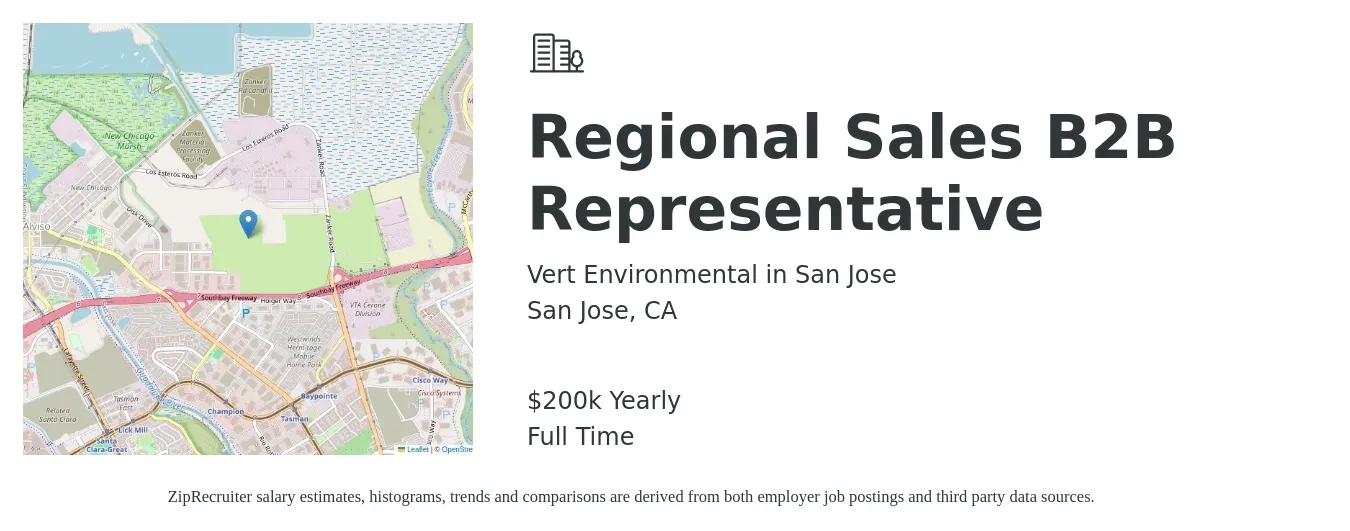 Vert Environmental in San Jose job posting for a Regional Sales B2B Representative in San Jose, CA with a salary of $200,000 Yearly with a map of San Jose location.