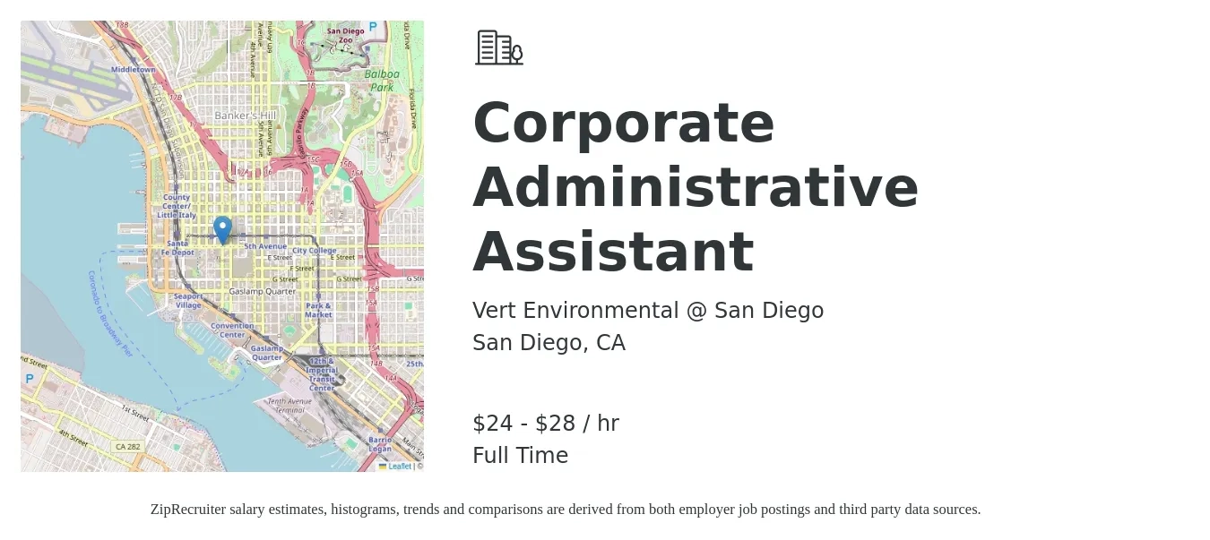 Vert Environmental @ San Diego job posting for a Corporate Administrative Assistant in San Diego, CA with a salary of $25 to $30 Hourly with a map of San Diego location.