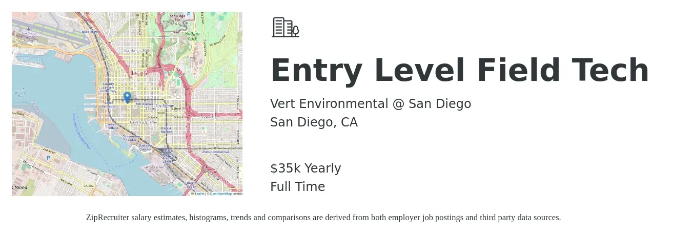Vert Environmental @ San Diego job posting for a Entry Level Field Tech in San Diego, CA with a salary of $35,000 Yearly with a map of San Diego location.