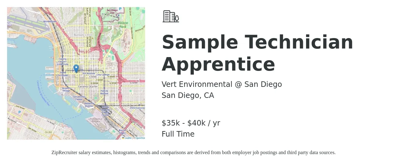 Vert Environmental @ San Diego job posting for a Sample Technician Apprentice in San Diego, CA with a salary of $35,000 to $40,000 Yearly with a map of San Diego location.