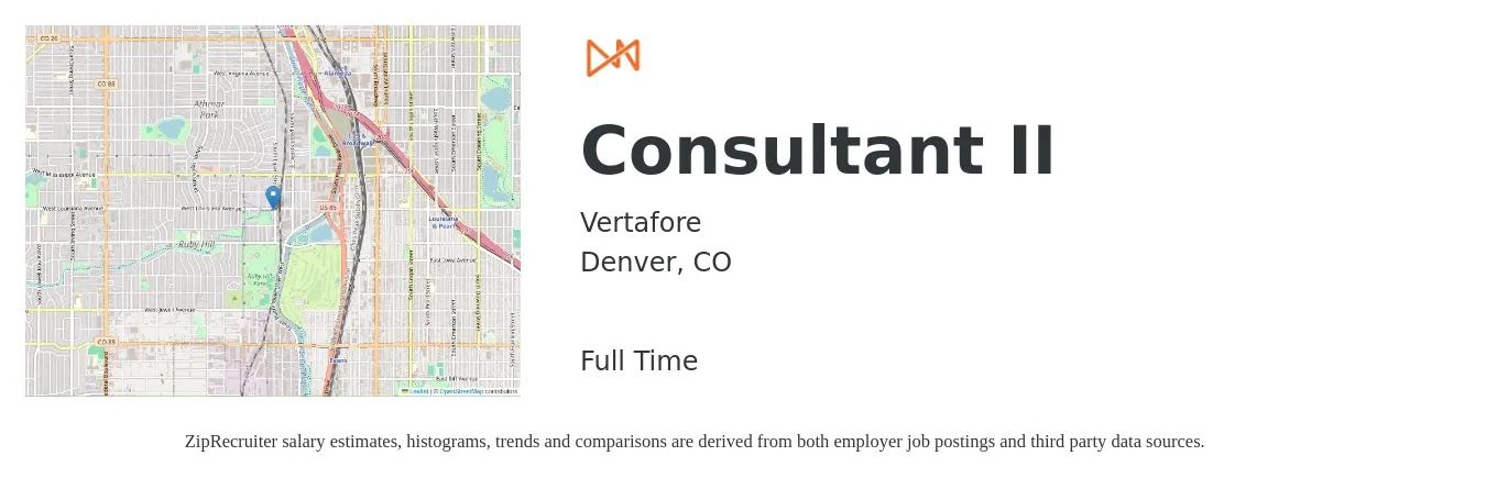 Vertafore job posting for a Consultant II in Denver, CO with a salary of $26 to $67 Hourly with a map of Denver location.