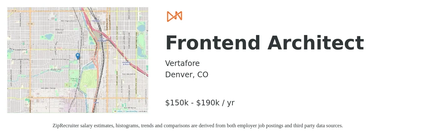 Vertafore job posting for a Frontend Architect in Denver, CO with a salary of $68 to $96 Hourly with a map of Denver location.