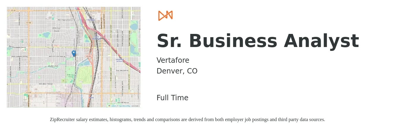 Vertafore job posting for a Sr. Business Analyst in Denver, CO with a salary of $95,200 to $123,000 Yearly with a map of Denver location.