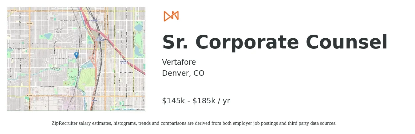 Vertafore job posting for a Sr. Corporate Counsel in Denver, CO with a salary of $133,800 to $188,900 Yearly with a map of Denver location.