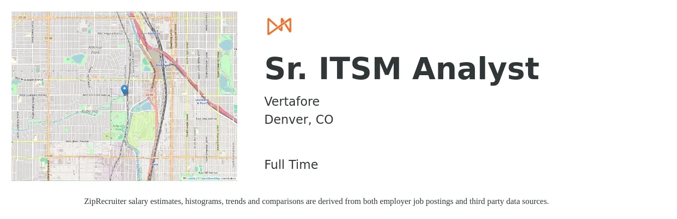 Vertafore job posting for a Sr. ITSM Analyst in Denver, CO with a salary of $90,600 to $119,900 Yearly with a map of Denver location.