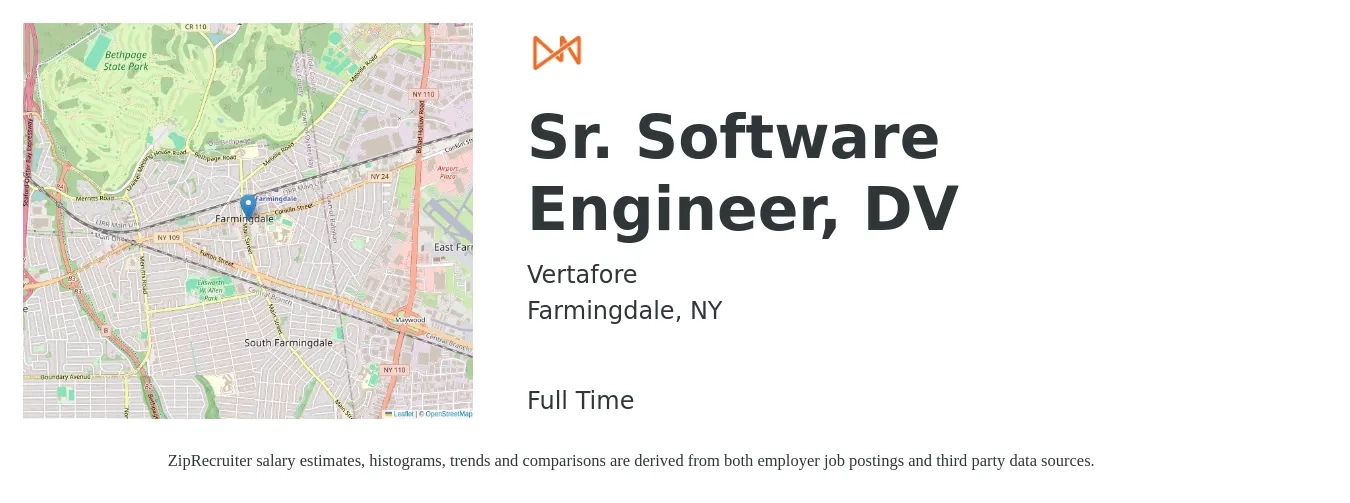 Vertafore job posting for a Sr. Software Engineer, DV in Farmingdale, NY with a salary of $128,200 to $169,000 Yearly with a map of Farmingdale location.