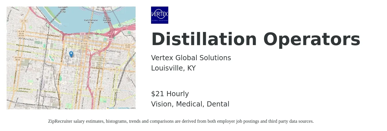 Vertex Global Solutions job posting for a Distillation Operators in Louisville, KY with a salary of $22 Hourly and benefits including vision, dental, and medical with a map of Louisville location.