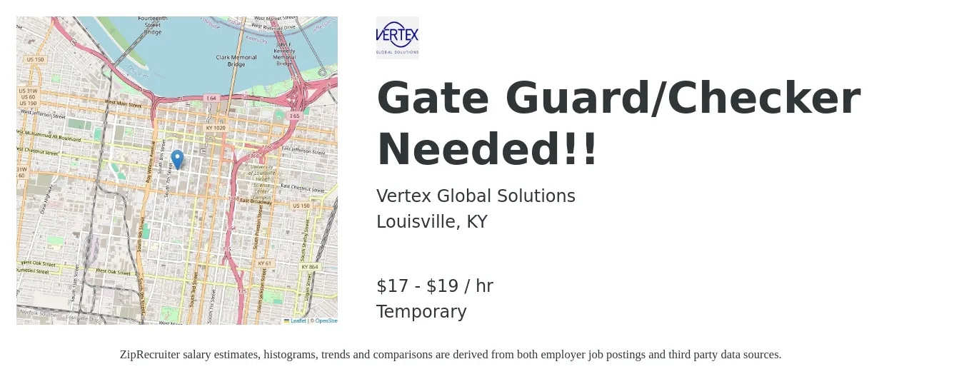 Vertex Global Solutions job posting for a Gate Guard/Checker Needed!! in Louisville, KY with a salary of $18 to $20 Hourly with a map of Louisville location.