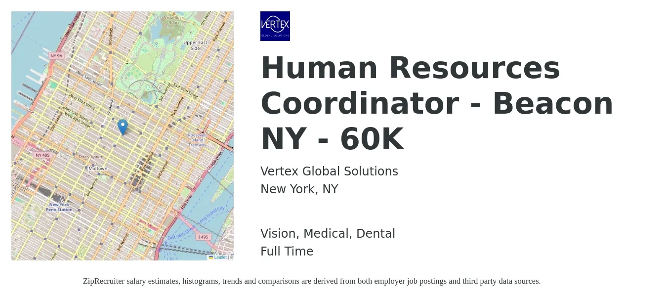 Vertex Global Solutions job posting for a Human Resources Coordinator - Beacon NY - 60K in New York, NY with a salary of $23 to $30 Hourly and benefits including dental, medical, and vision with a map of New York location.