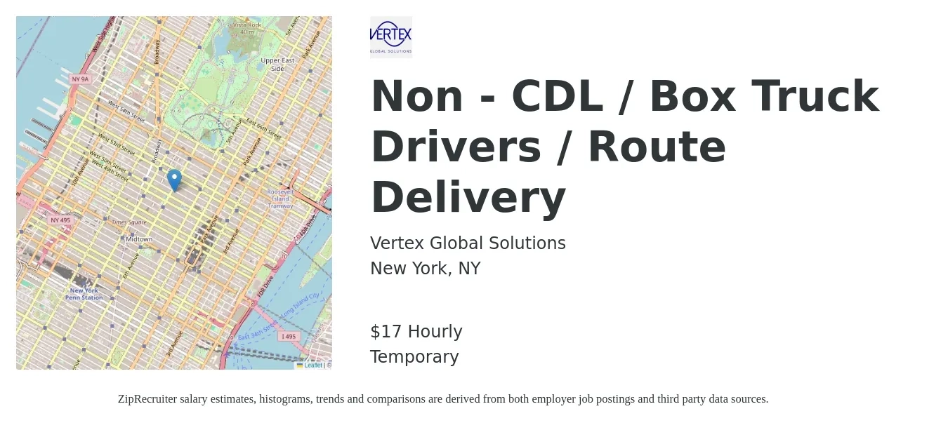 Vertex Global Solutions job posting for a Non - CDL / Box Truck Drivers / Route Delivery in New York, NY with a salary of $18 Hourly and benefits including vision, dental, and medical with a map of New York location.