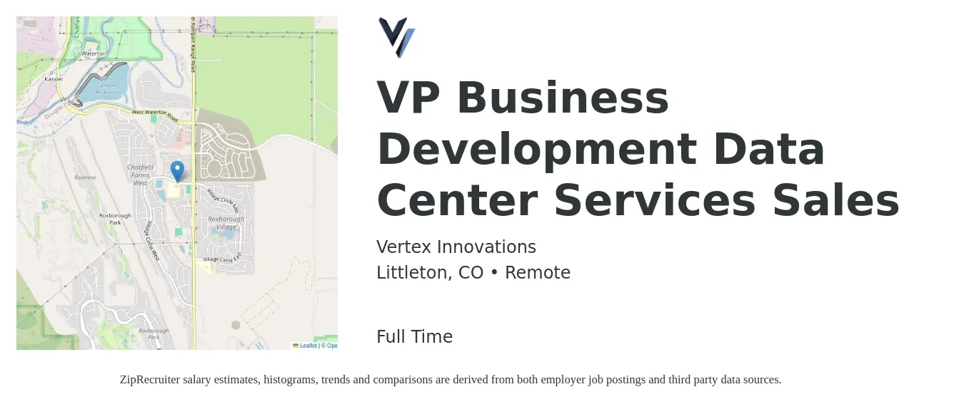 Vertex Innovations job posting for a VP Business Development Data Center Services Sales in Littleton, CO with a salary of $115,000 to $145,000 Yearly with a map of Littleton location.