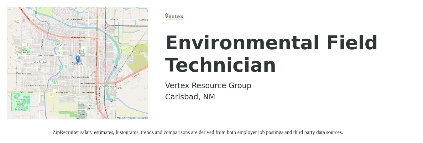 Vertex Resource Group job posting for a Environmental Field Technician in Carlsbad, NM with a salary of $16 to $21 Hourly with a map of Carlsbad location.