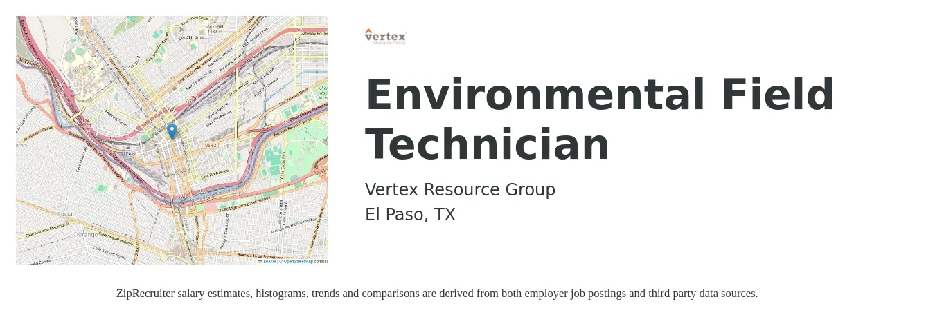 Vertex Resource Group job posting for a Environmental Field Technician in El Paso, TX with a salary of $17 to $22 Hourly with a map of El Paso location.
