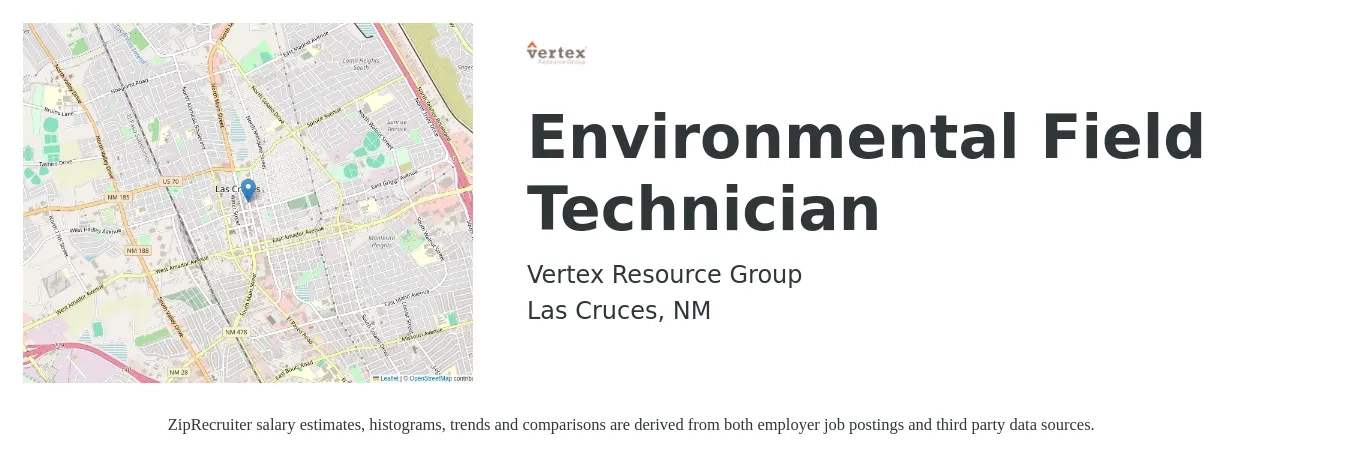 Vertex Resource Group job posting for a Environmental Field Technician in Las Cruces, NM with a salary of $18 to $25 Hourly with a map of Las Cruces location.