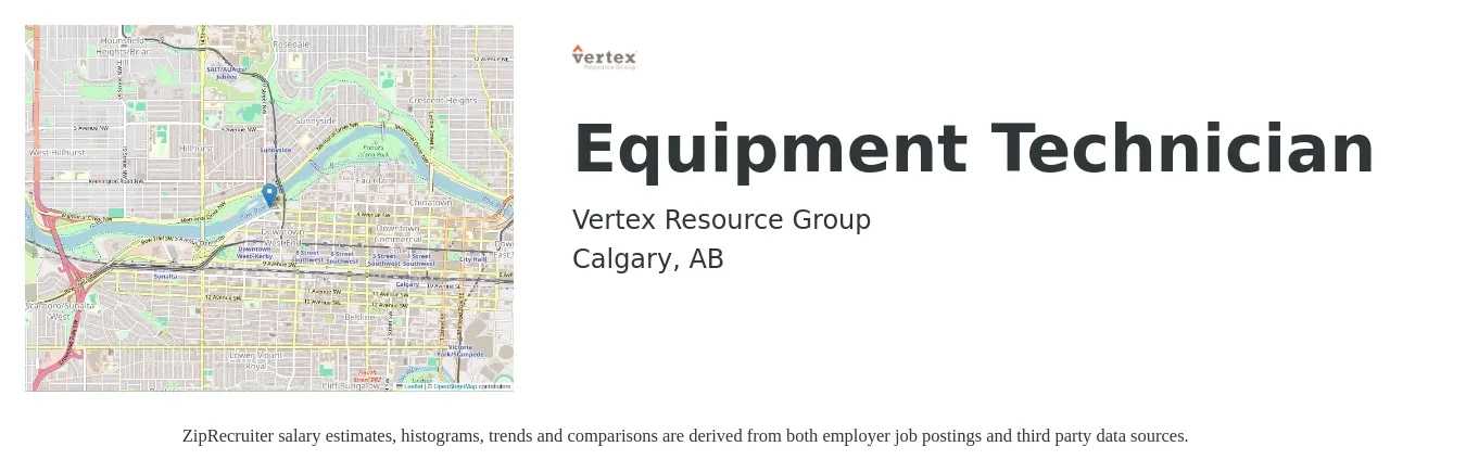 Vertex Resource Group job posting for a Equipment Technician in Calgary, AB with a map of Calgary location.