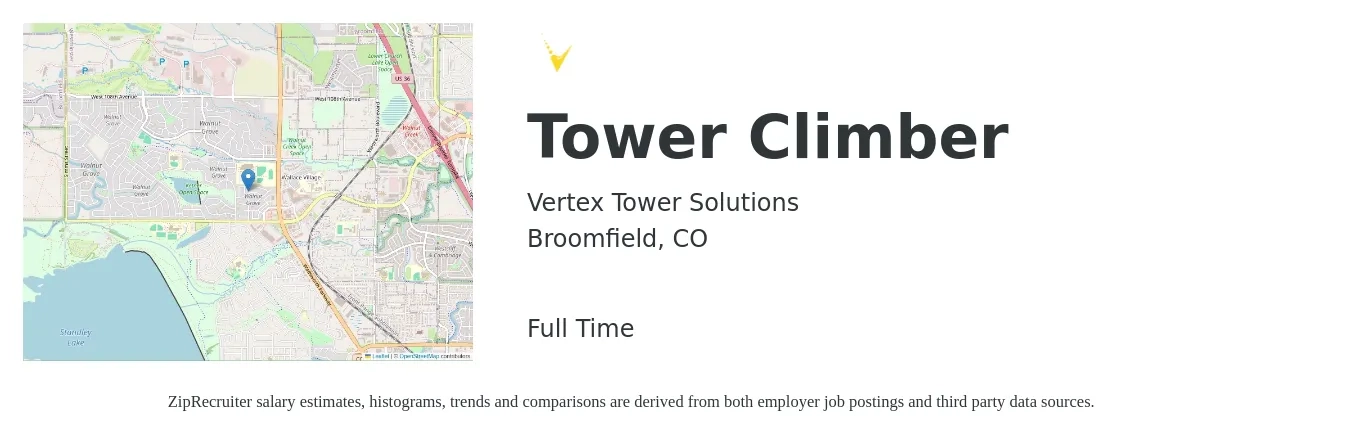 Vertex Tower Solutions job posting for a Tower Climber in Broomfield, CO with a salary of $25 Hourly with a map of Broomfield location.
