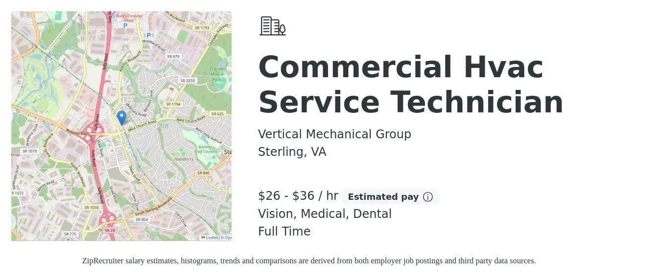 Vertical Mechanical Group job posting for a Commercial Hvac Service Technician in Sterling, VA with a salary of $28 to $38 Hourly and benefits including pto, retirement, vision, dental, life_insurance, and medical with a map of Sterling location.