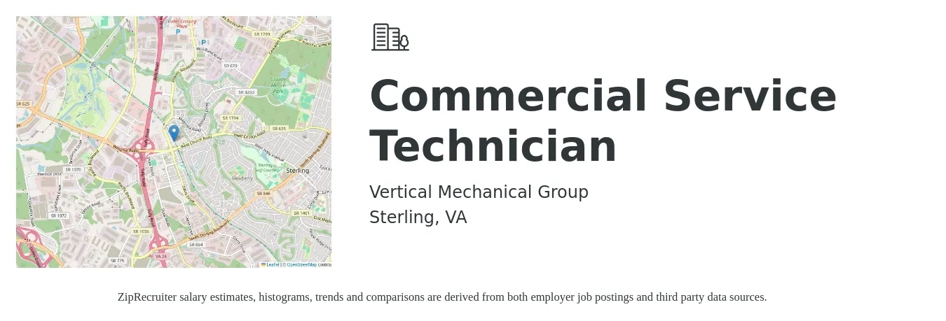 Vertical Mechanical Group job posting for a Commercial Service Technician in Sterling, VA with a salary of $21 to $30 Hourly with a map of Sterling location.