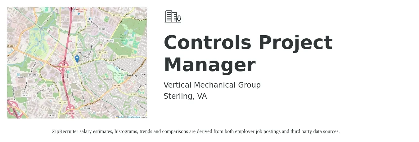 Vertical Mechanical Group job posting for a Controls Project Manager in Sterling, VA with a salary of $85,000 to $95,000 Yearly and benefits including vision, dental, life_insurance, medical, pto, and retirement with a map of Sterling location.