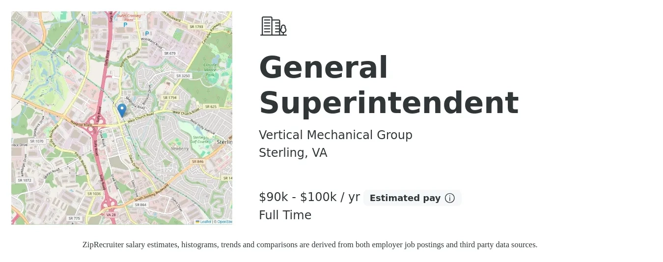 Vertical Mechanical Group Inc job posting for a General Superintendent in Sterling, VA with a salary of $90,000 to $100,000 Yearly with a map of Sterling location.