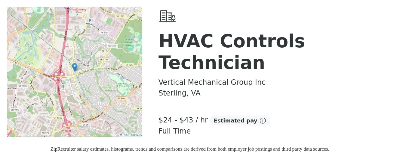 Vertical Mechanical Group Inc job posting for a HVAC Controls Technician in Sterling, VA with a salary of $25 to $45 Hourly with a map of Sterling location.