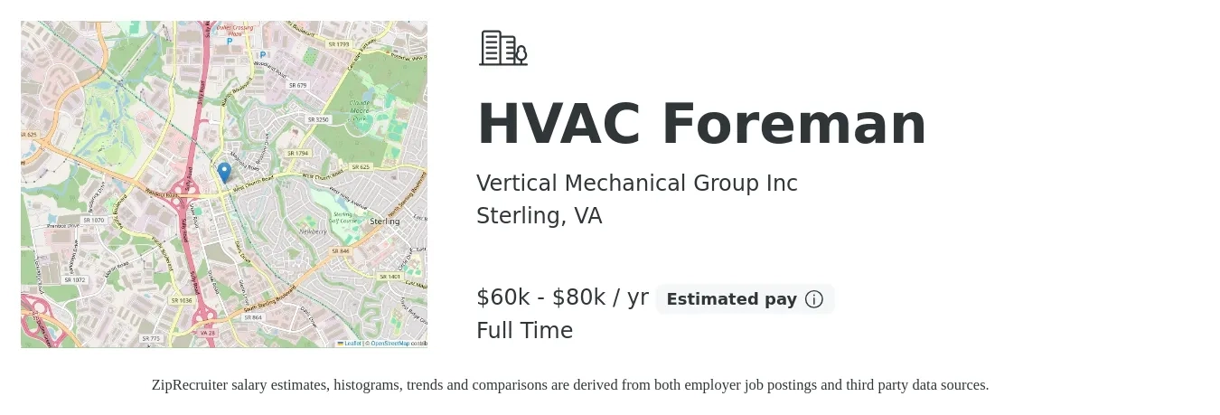 Vertical Mechanical Group Inc job posting for a HVAC Foreman in Sterling, VA with a salary of $60,000 to $80,000 Yearly with a map of Sterling location.