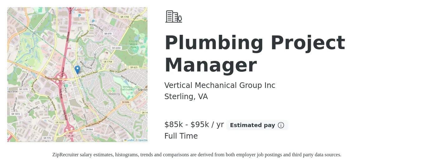 Vertical Mechanical Group Inc job posting for a Plumbing Project Manager in Sterling, VA with a salary of $85,000 to $95,000 Yearly with a map of Sterling location.