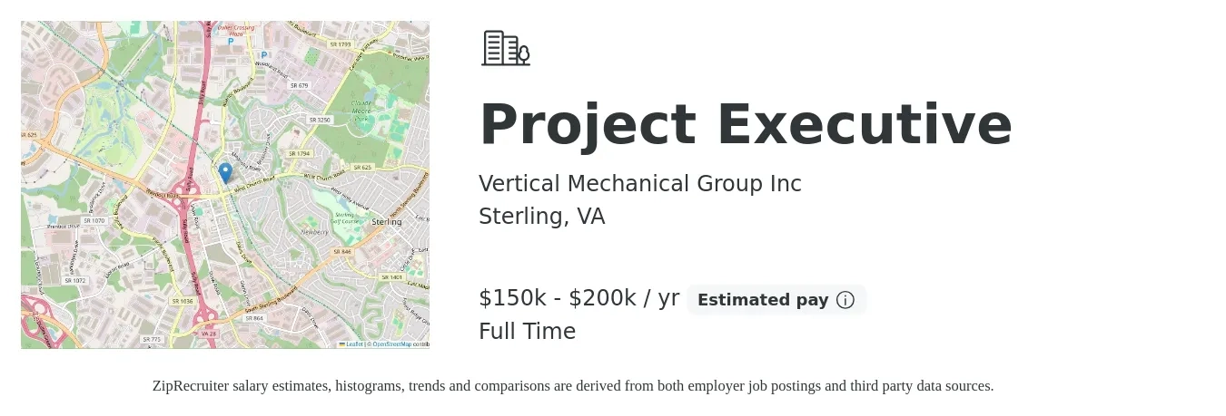 Vertical Mechanical Group Inc job posting for a Project Executive in Sterling, VA with a salary of $150,000 to $200,000 Yearly with a map of Sterling location.
