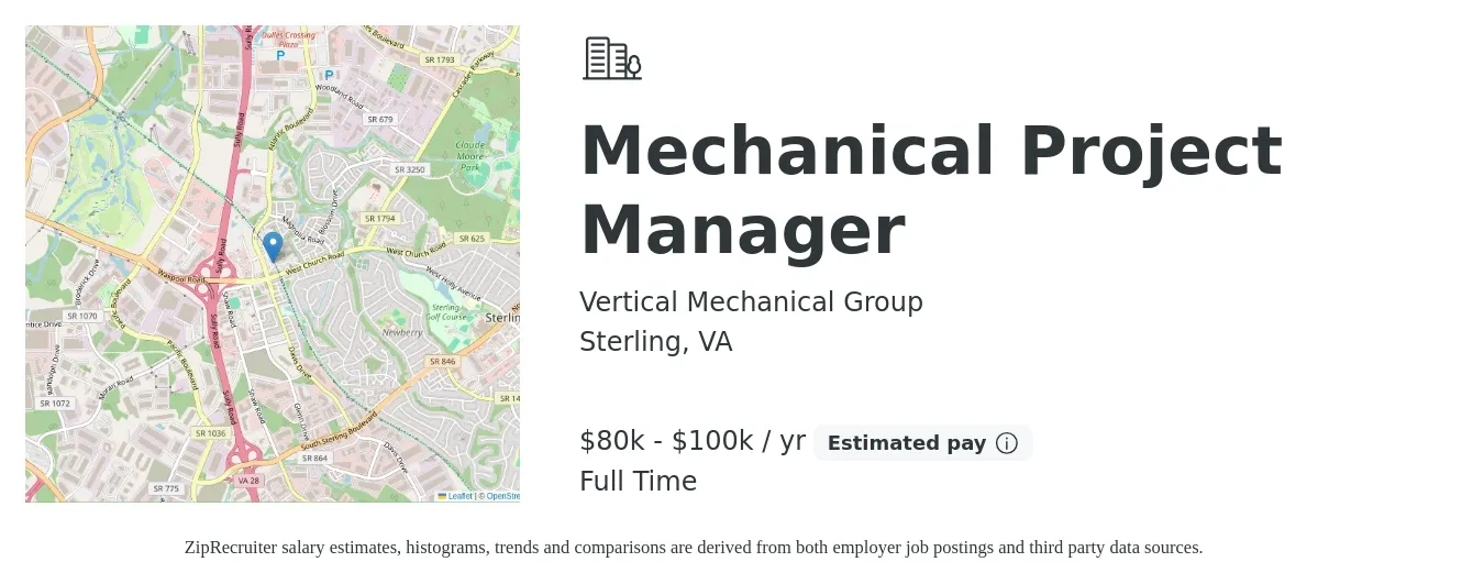 Vertical Mechanical Group Inc job posting for a Mechanical Project Manager in Sterling, VA with a salary of $80,000 to $100,000 Yearly with a map of Sterling location.