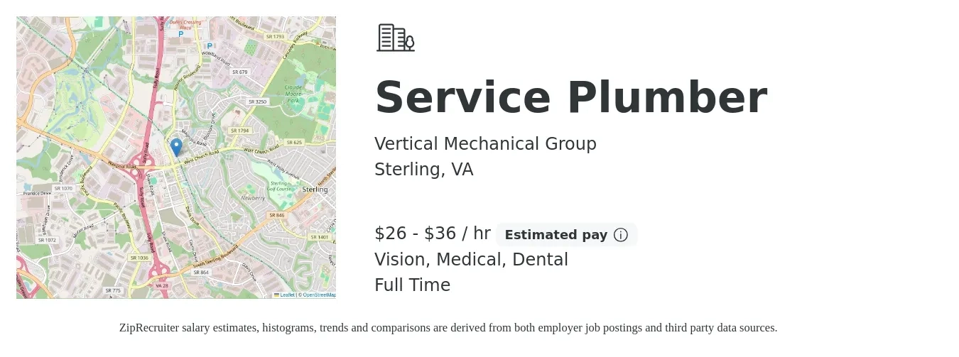Vertical Mechanical Group Inc job posting for a Service Plumber in Sterling, VA with a salary of $28 to $38 Hourly with a map of Sterling location.