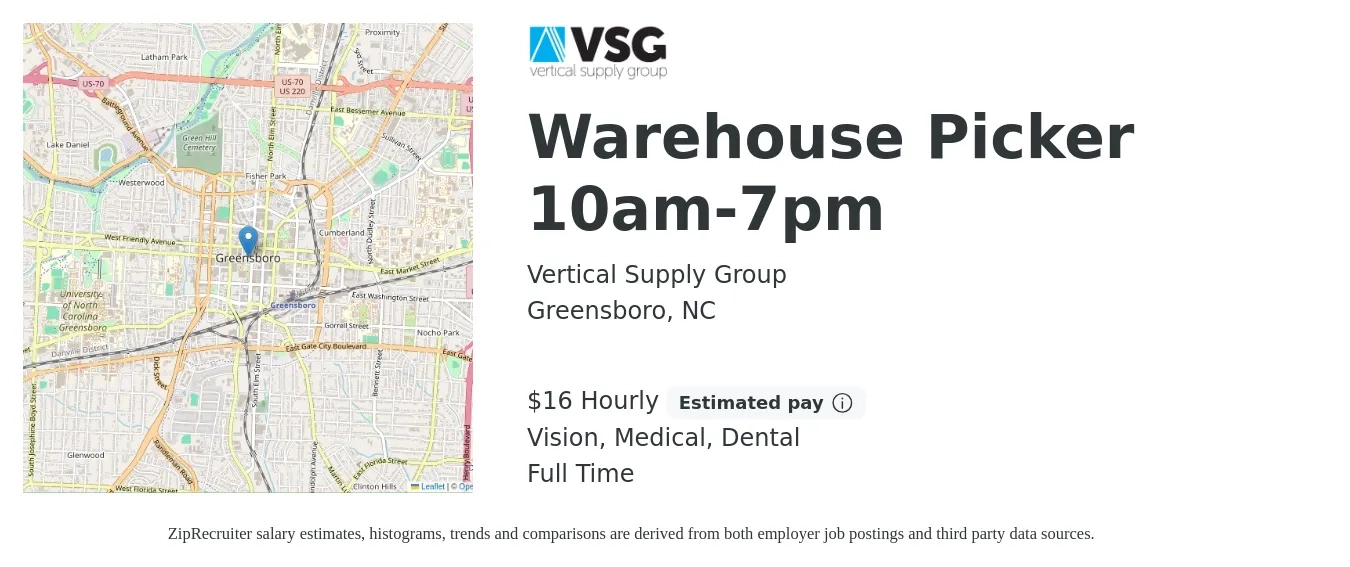 Vertical Supply Group job posting for a Warehouse Picker 10am-7pm in Greensboro, NC with a salary of $17 Hourly and benefits including dental, life_insurance, medical, pto, retirement, and vision with a map of Greensboro location.