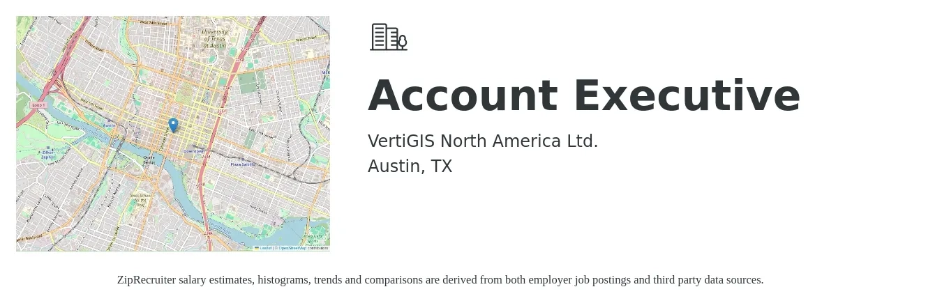 VertiGIS North America Ltd. job posting for a Account Executive in Austin, TX with a salary of $53,500 to $94,200 Yearly with a map of Austin location.