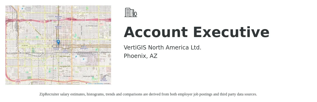 VertiGIS North America Ltd. job posting for a Account Executive in Phoenix, AZ with a salary of $53,600 to $94,300 Yearly with a map of Phoenix location.