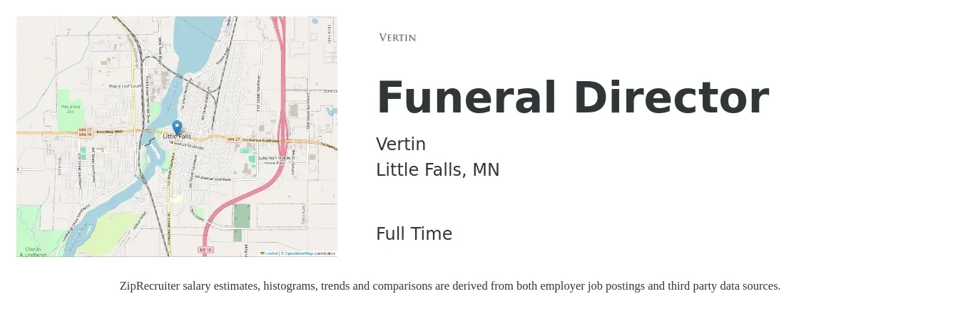 Vertin job posting for a Funeral Director in Little Falls, MN with a salary of $50,500 to $73,000 Yearly with a map of Little Falls location.